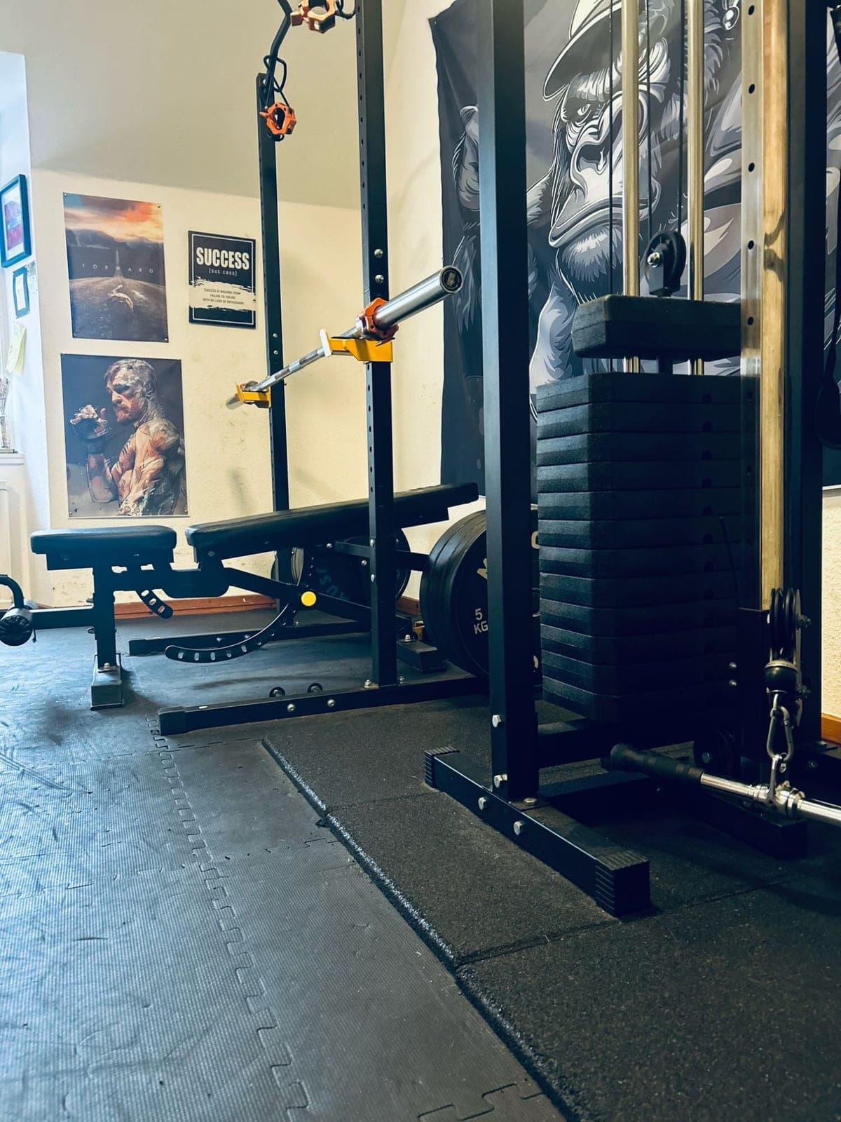 The squat rack and bench, with a loaded bar racked and posters on the wall behind