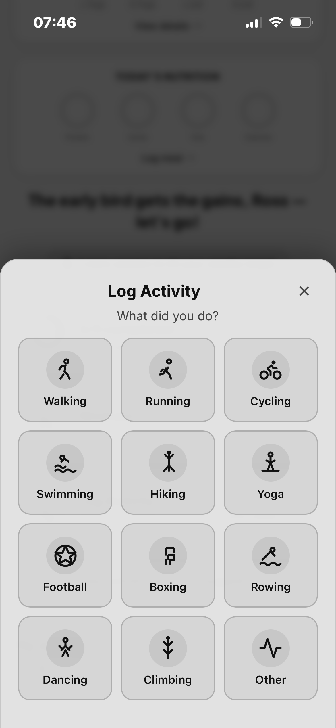 Activity logging screen showing walks, runs, cycles and other activities