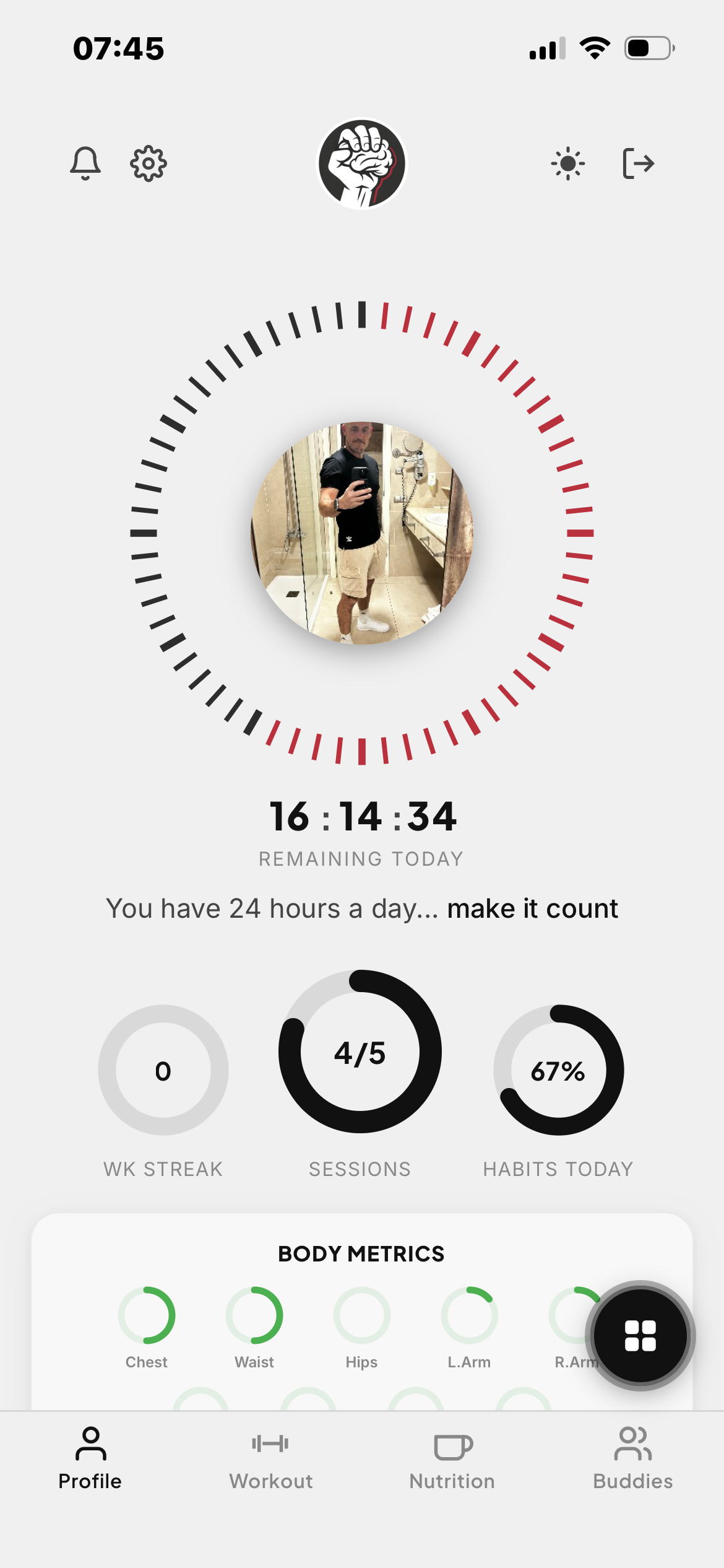 Core Buddy profile dashboard showing stats, streaks and leaderboard position