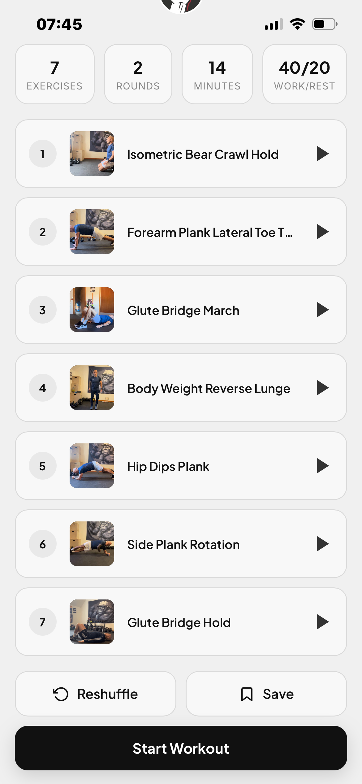 Generated workout list showing exercises with thumbnails and duration