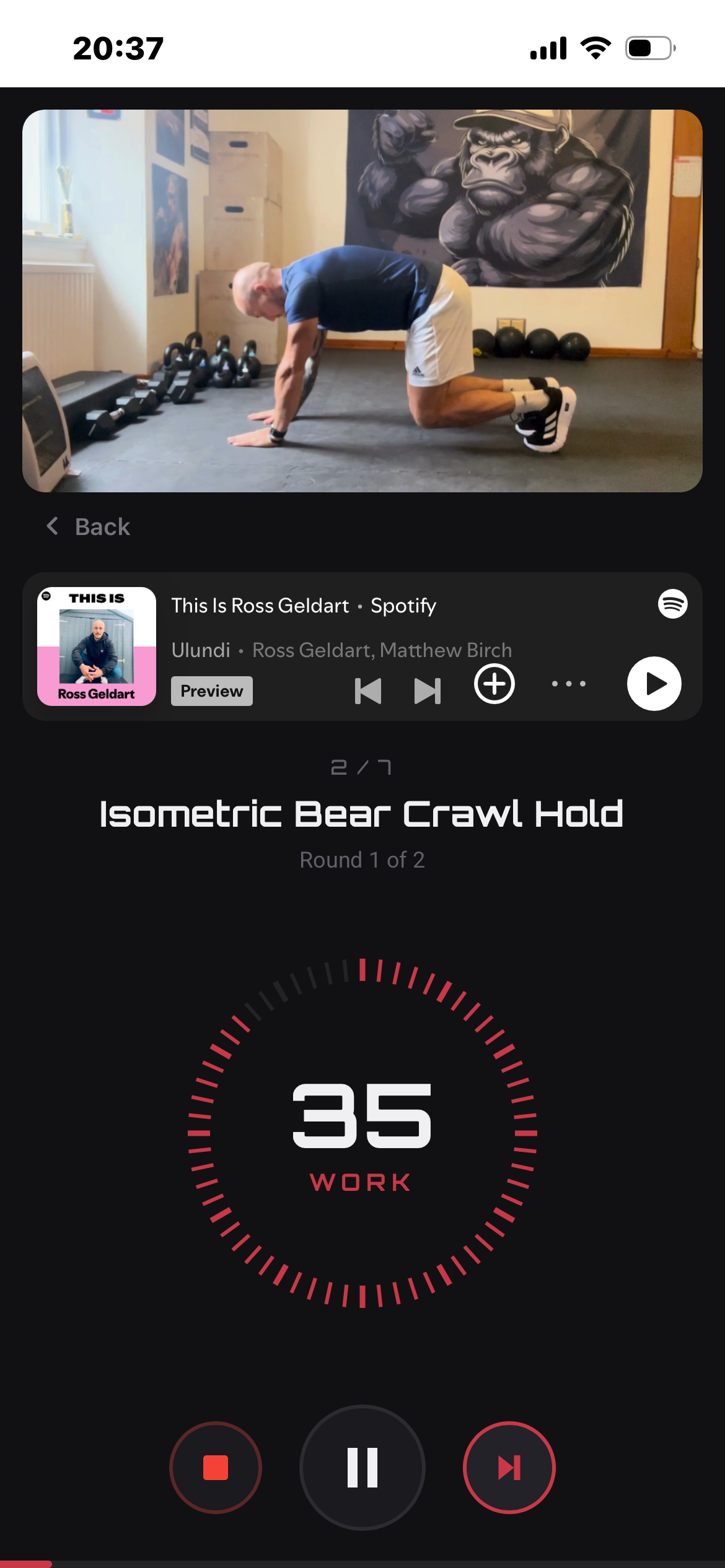 Core Buddy workout player showing exercise video and countdown timer