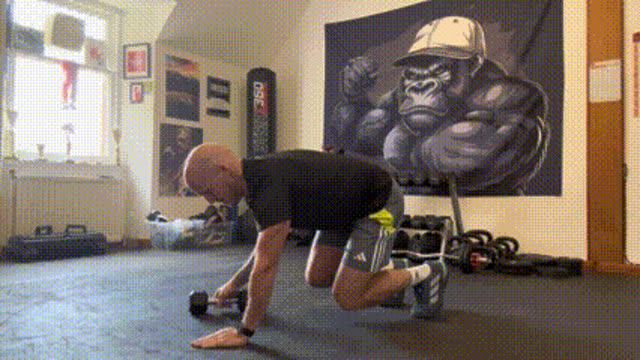 Bear crawl dumbbell pass