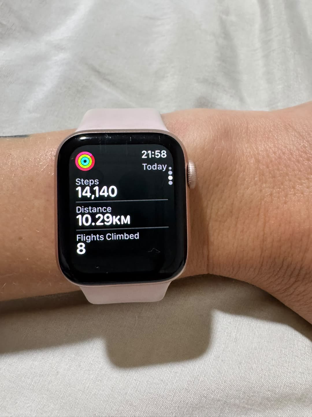 Gillian's watch showing 14,140 steps and 10.29km for the day