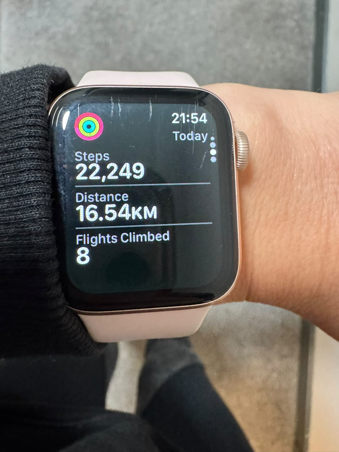 Gillian's watch showing 22,249 steps and 16.54km for the day