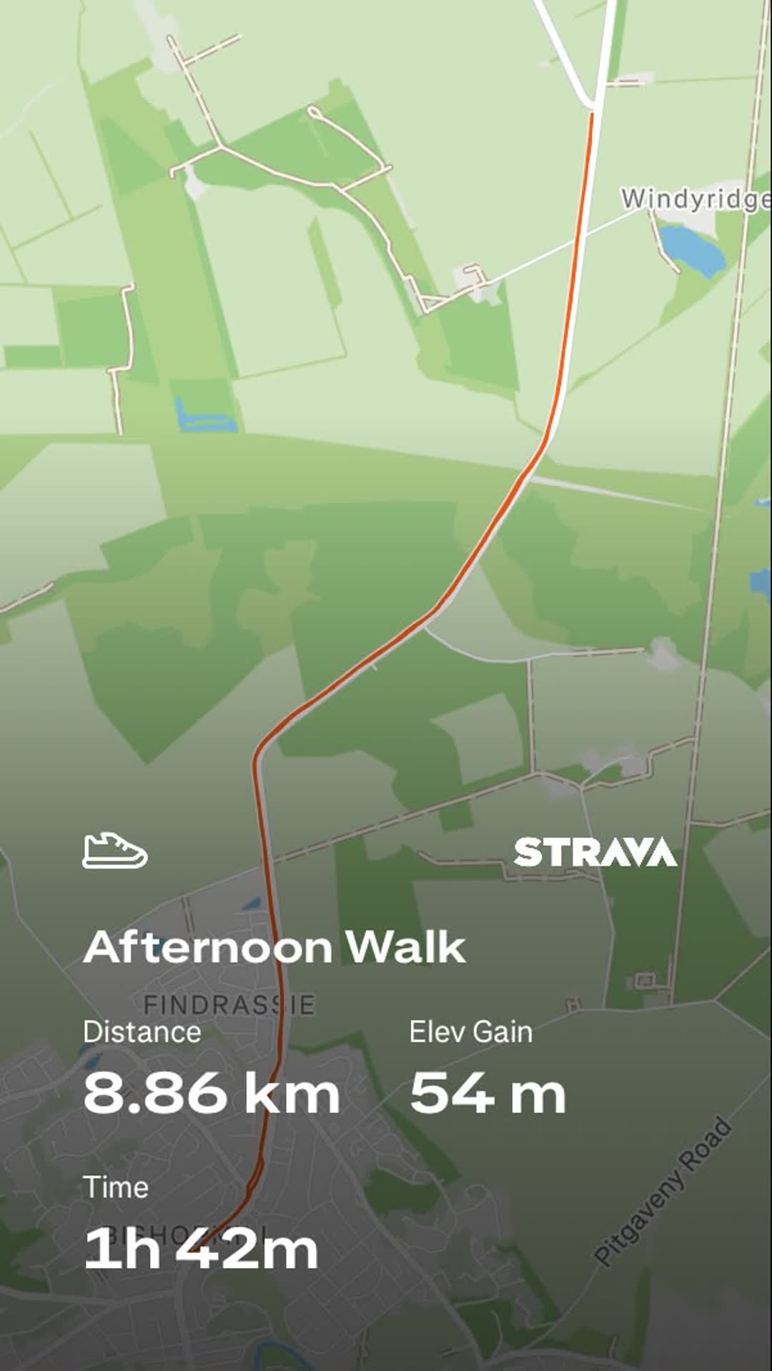 A Strava summary of an afternoon walk: 8.86km, 54m elevation gain, 1 hour 42 minutes
