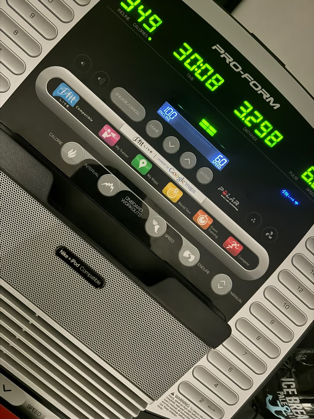 A treadmill console reading 30 minutes 8 seconds at 10 incline
