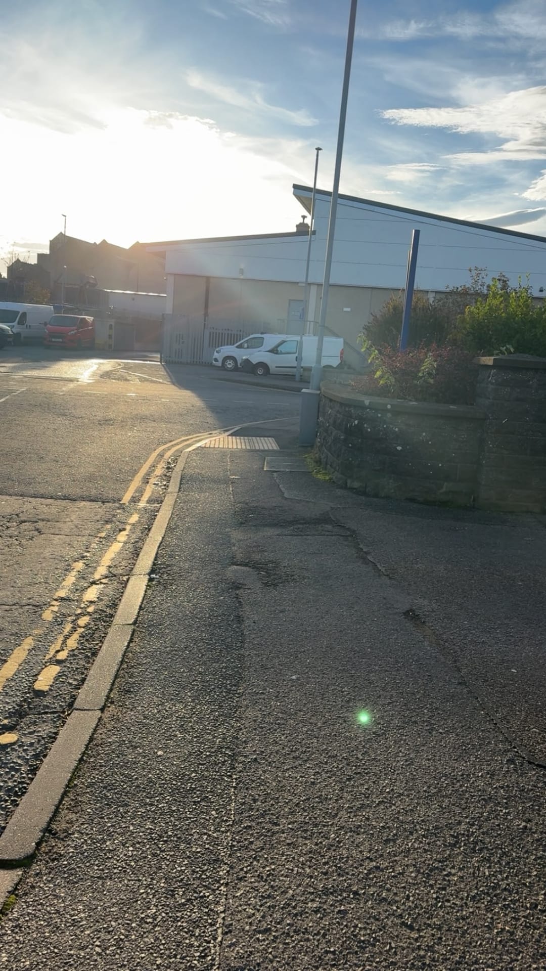 A quiet street in low autumn sun, vans parked along the kerb
